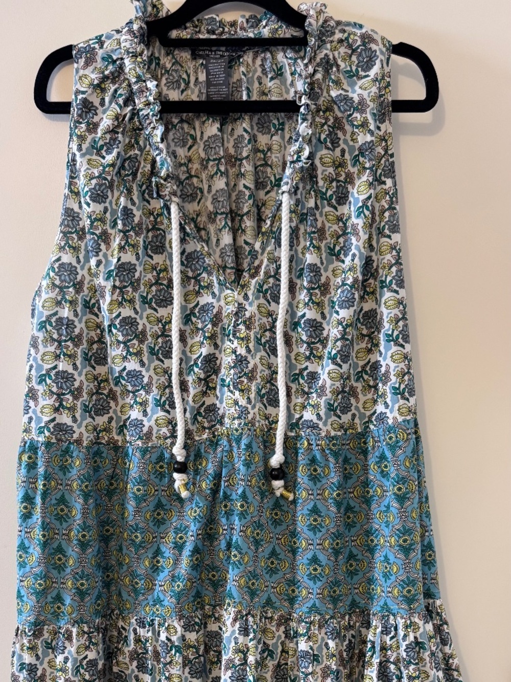 Chelsea & Theodore Boho Tiered Dress 2X Blue Floral Tassel Cotton - Picture 2 of 10